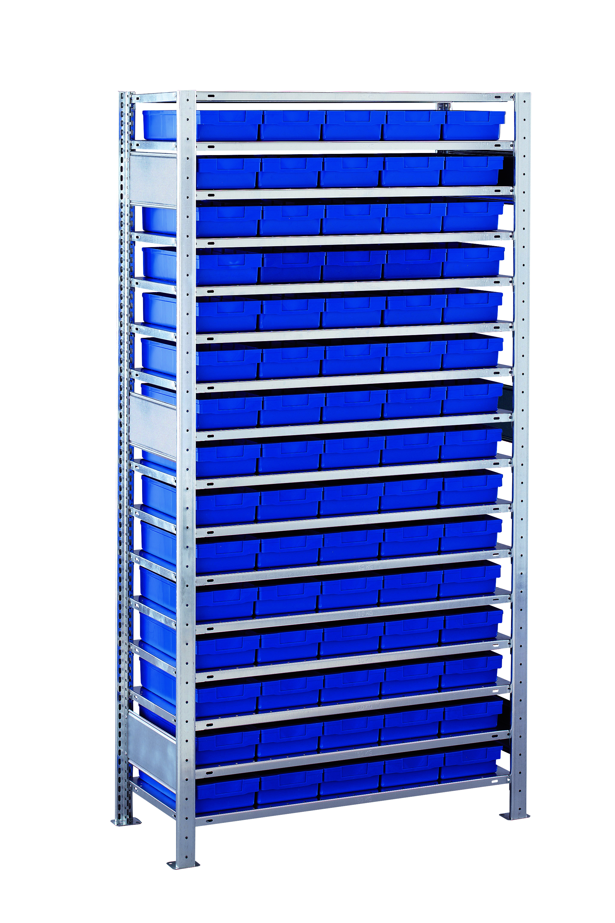 Grundregal, Kleinteileregal-Set 3 MULTIplus150, 2000 x 1000 x 300 mm, verzinkt, 16 Fachböden, 75 Regalkästen 83x186x300 mm blau